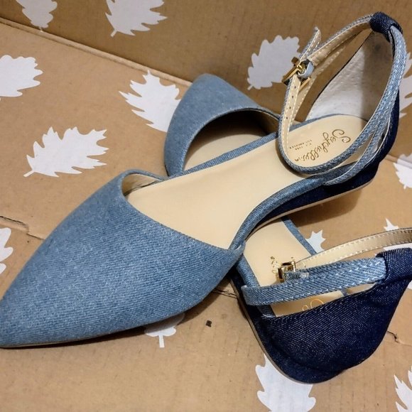 Seychelles Plateau Denim Ankle Strap Flats Sz 6 Anthropologie ~ Like New! - Picture 1 of 12